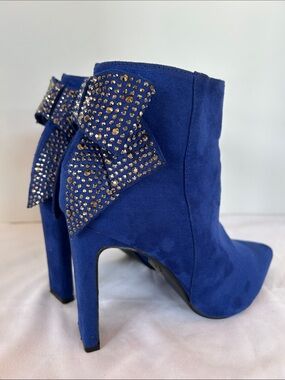 J. Mark Blue Sueded High Heel Ankle Boots with Crystal Bow